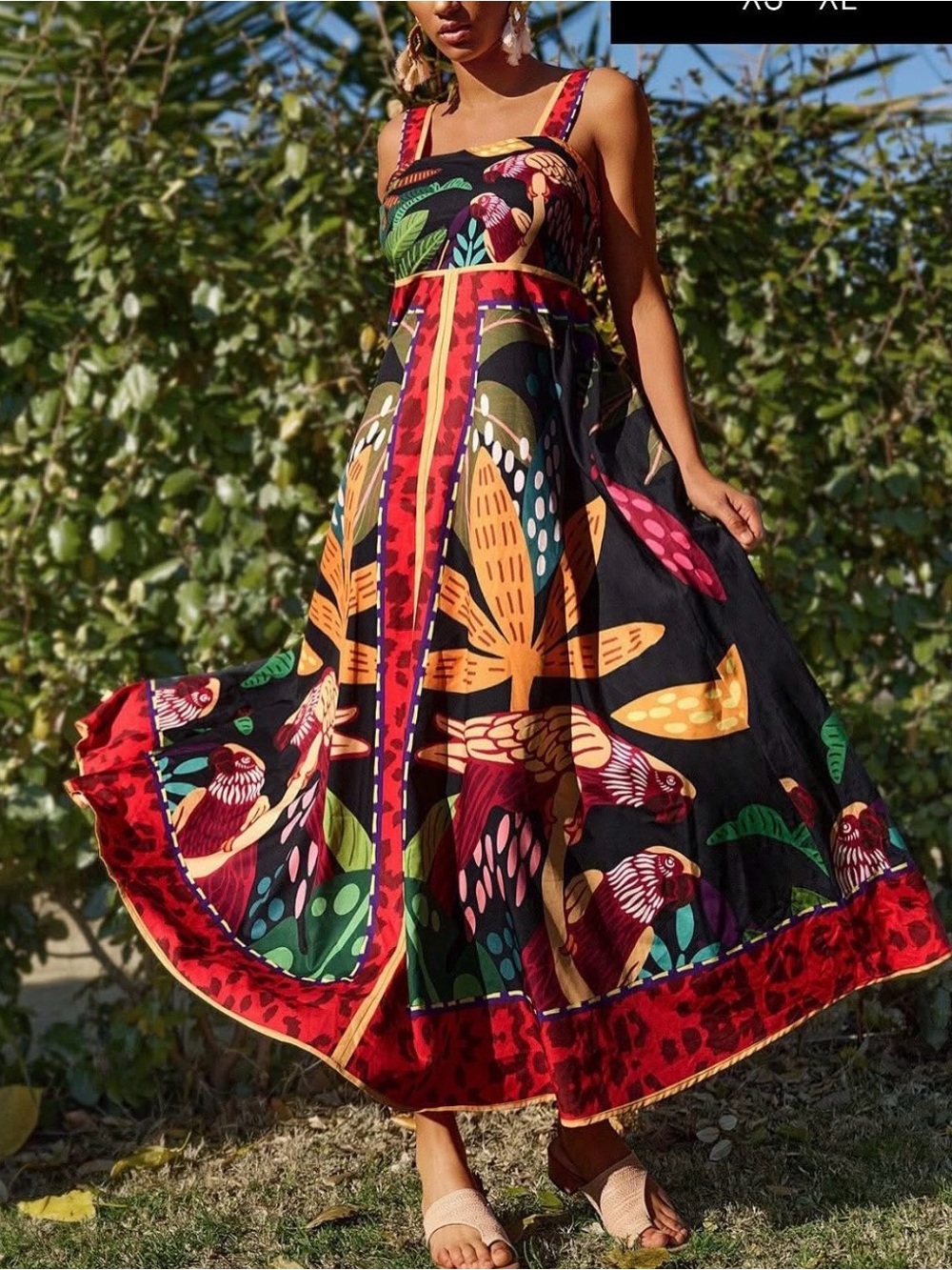 SHEIN Bold Tropical Print Maxi Dress in Black, Yellow, Red, Green